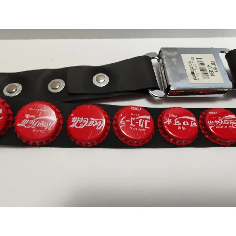 Vintage 90's COKE Rubber Belt  Coca-Cola Global Bottle Caps Chrome Punk Goth
